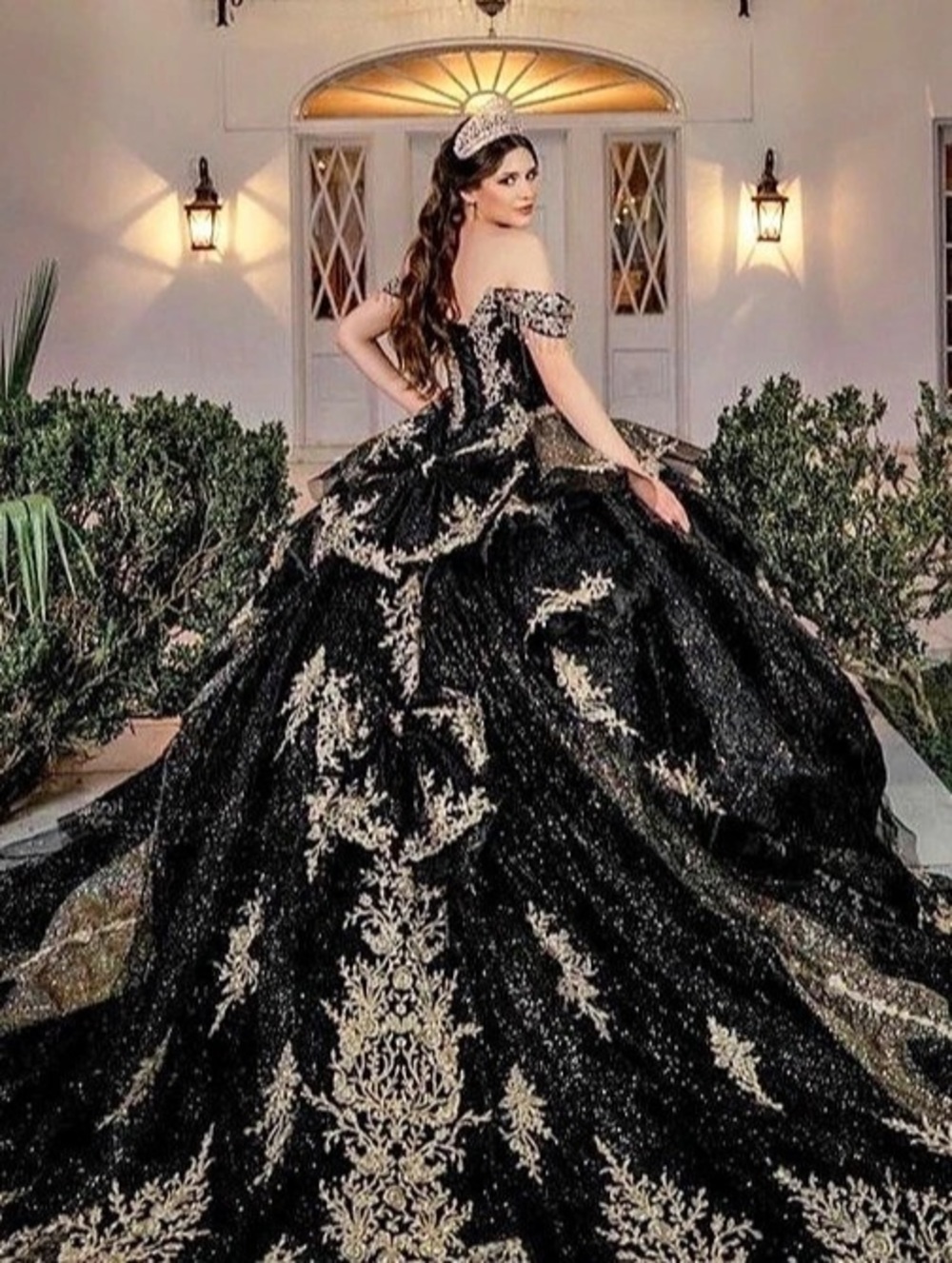Black & Gold Floral Prom Gown